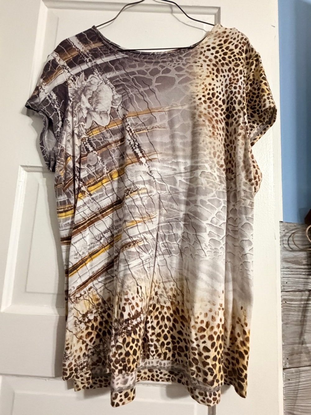 Chico's Short Sleeve Mixed Animal & Stripe Print Top in Gray, Brown and Gold